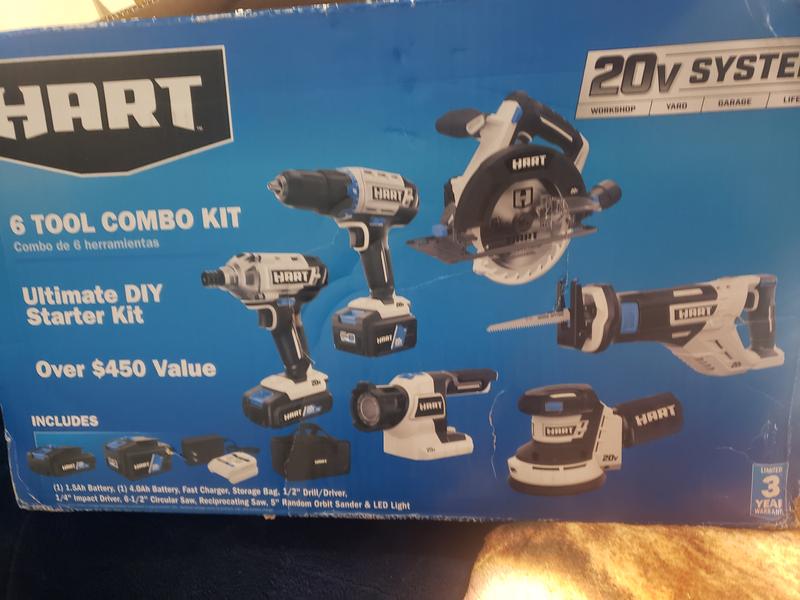 Hart 20-Volt Cordless 6-Tool Combo Kit 4.0Ah & 1.5Ah Lithium-Ion Batteries