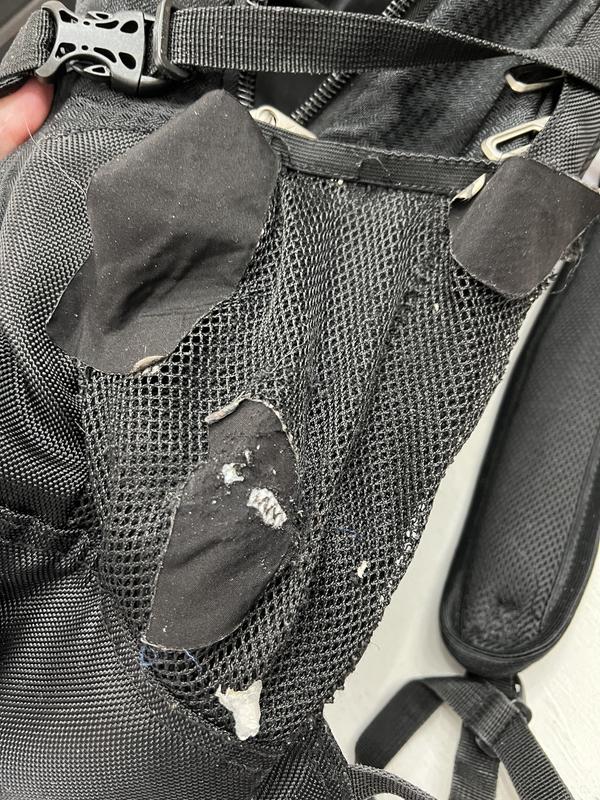 Black gore-tex fabric patches can add life to bag when this happens