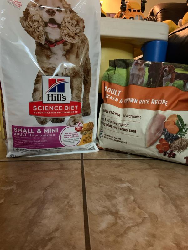 New on the left, old on the right. The mini bites help a ton with small aging dogs.