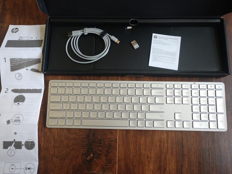 My new HP 970 wireless keboard w/ usb dongle, usb-c charging cable