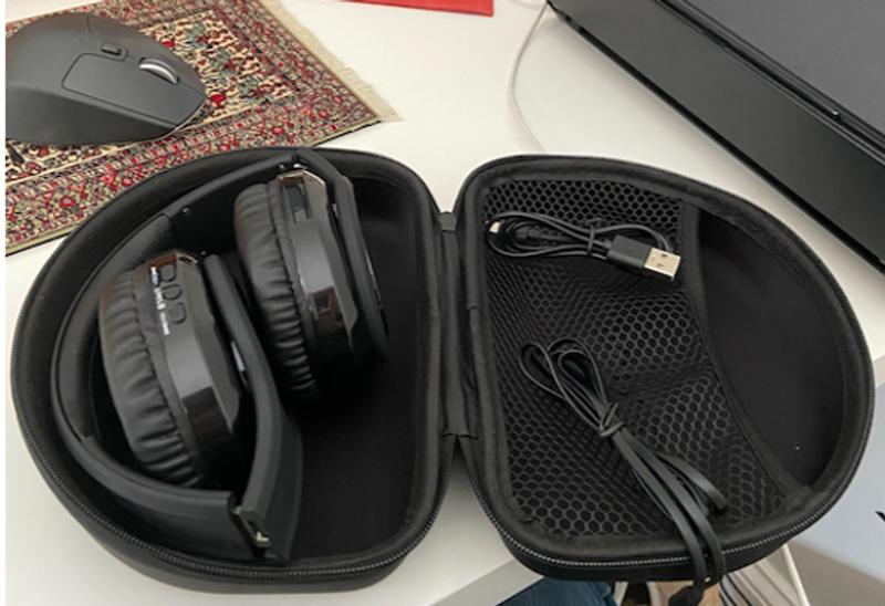 headphones in included case, charger cord (mini USB), and audio jack