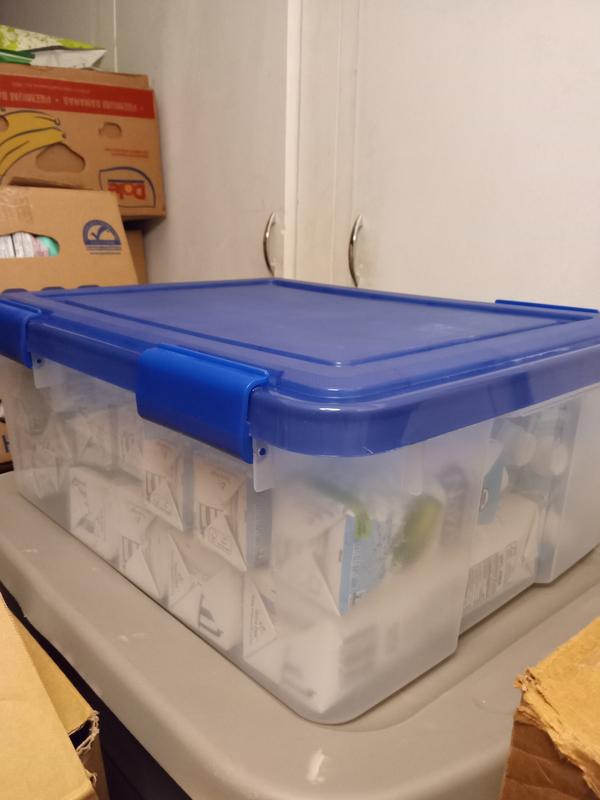 Iris 6.5 Gallon Clear Plastic Storage Boxes with Blue Lid, Pack of 4