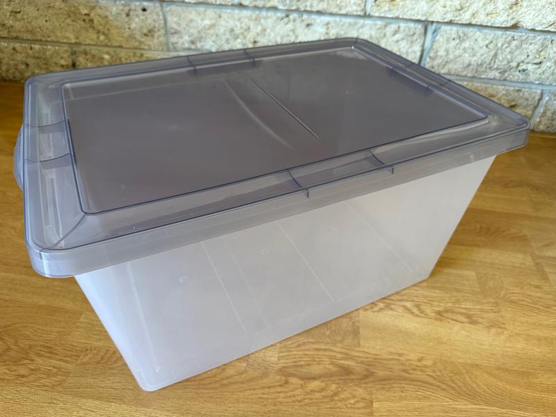 58 qt. Snap Top Plastic Storage Box in Clear with Gray Lid 500220