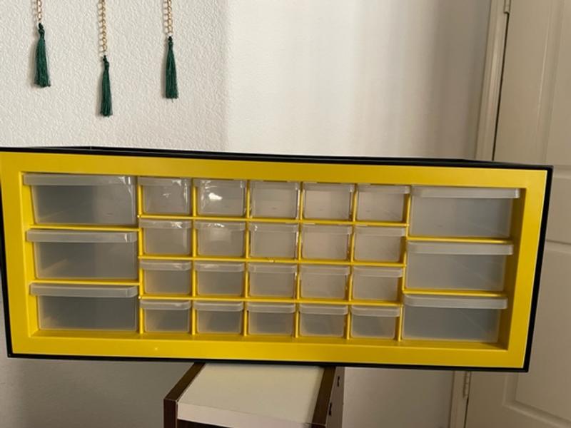 I saw this on idea another site & it works great for my mini brand dups  storage. I purchased from , it is IRIS USA parts and Hardware  Cabinet, 64 Drawers, but