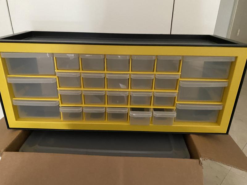 I saw this on idea another site & it works great for my mini brand dups  storage. I purchased from , it is IRIS USA parts and Hardware  Cabinet, 64 Drawers, but