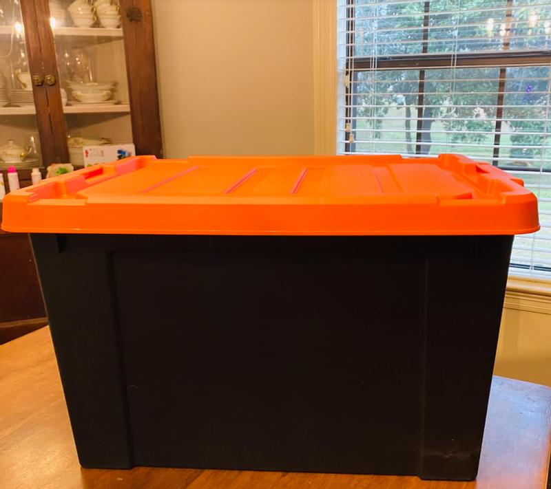 78 Qt. Stackble Storage Tote, with Heavy-duty Orange Buckles/ Lid, in Black  586543 - The Home Depot