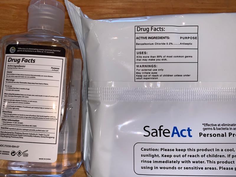 Safe Act Essential Kit ingredients lists for hand sanitizer and cleaning wipes.