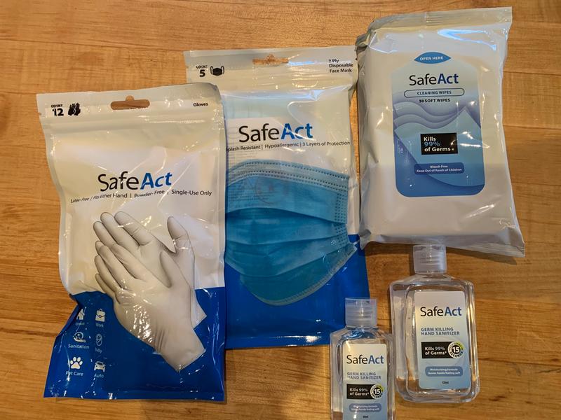 Safe Act Essential Kit out of the packaging.  Comes with 2 hand sanitizers (60ml and 120ml), a package of  50 cleaning wipes, a package of 12 disposable gloves, and a package of 5 disposable masks.