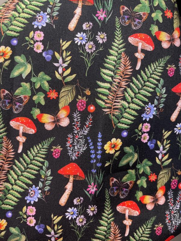 Mushroom Garden on Black Cotton Fabric by Keepsake Calico