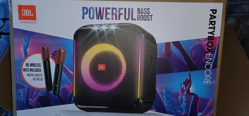 JBL PartyBox Encore  Portable party speaker with 100W powerful sound,  built-in dynamic light show, included digital wireless mics, and splash  proof design.