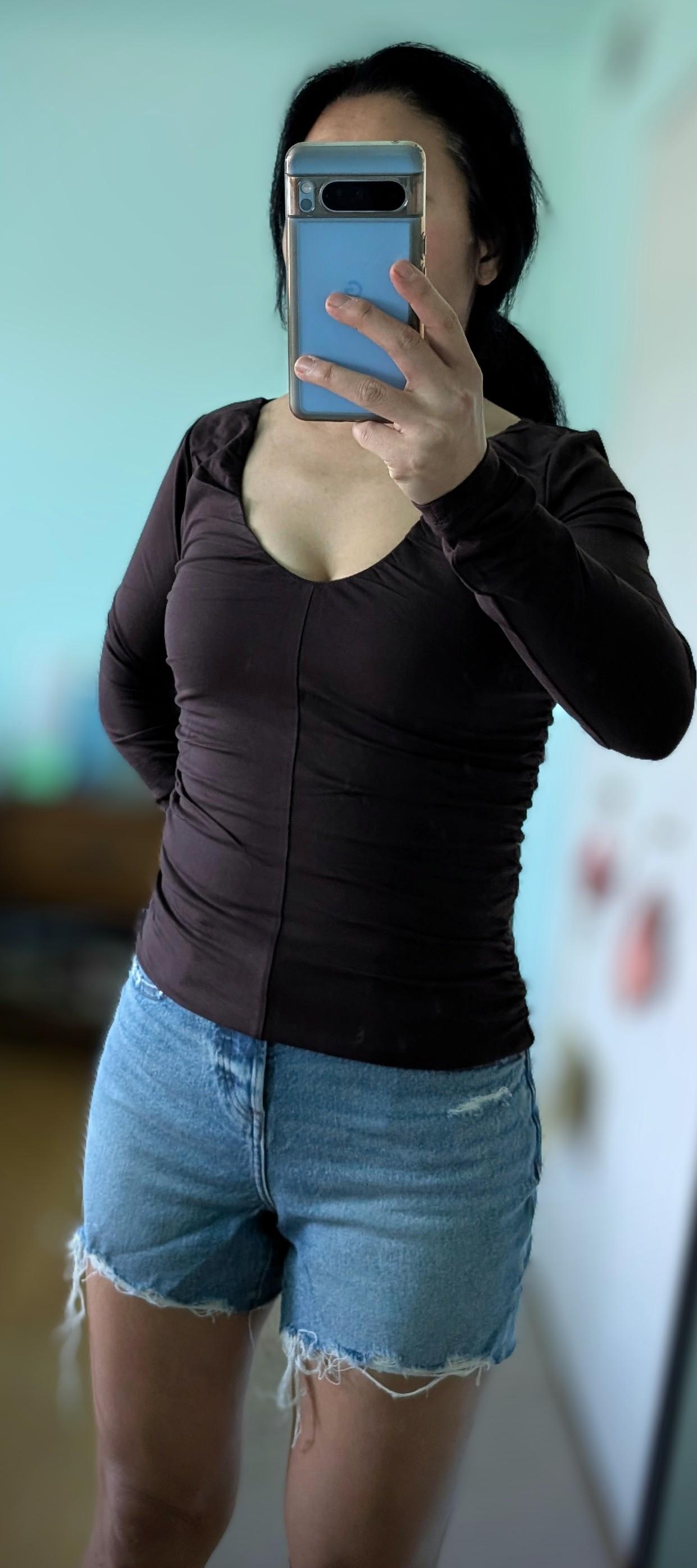 Stretch cotton blend ruched V-neck top