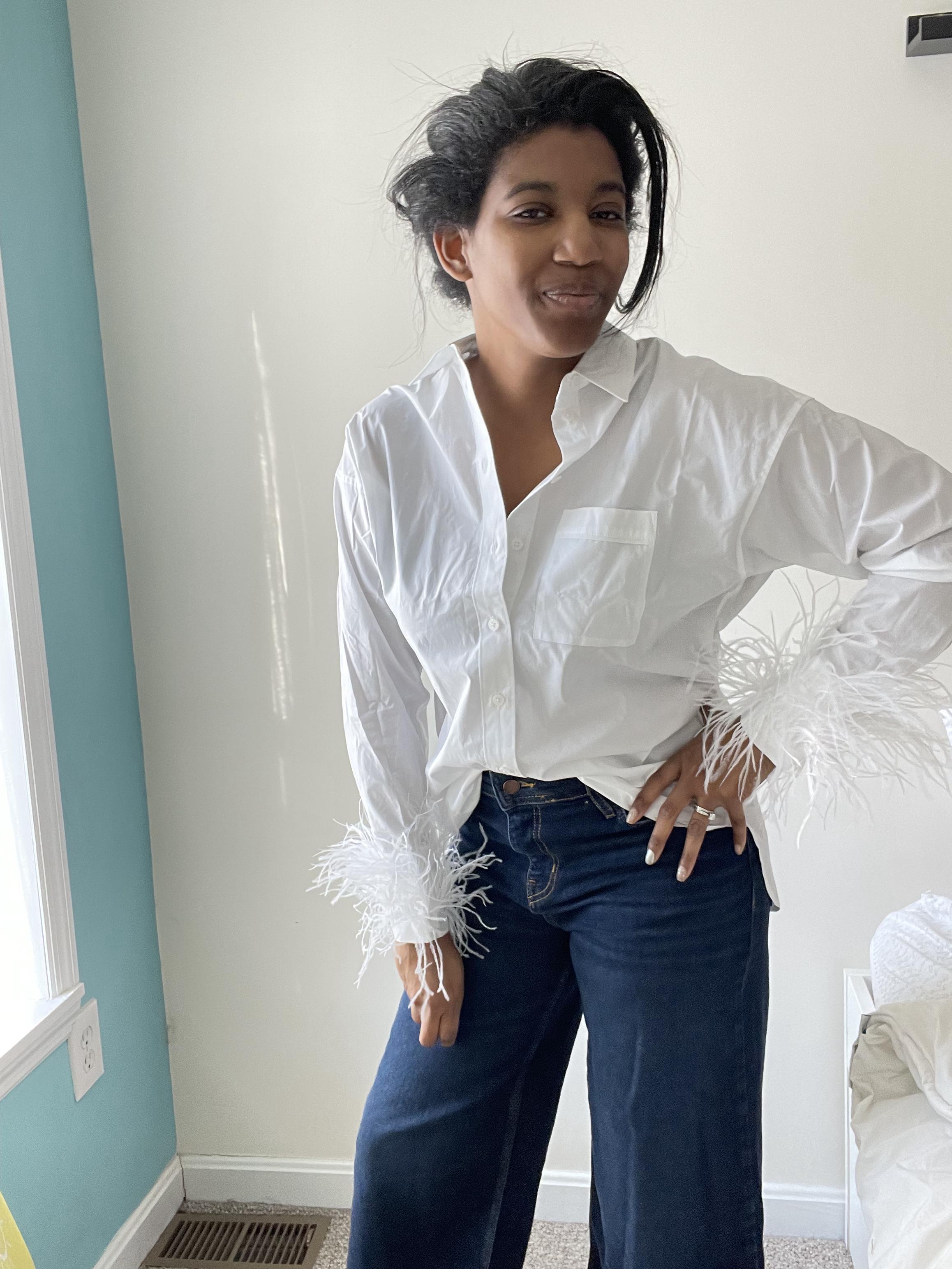 Women's White Feather Trim Shirt - Size 8