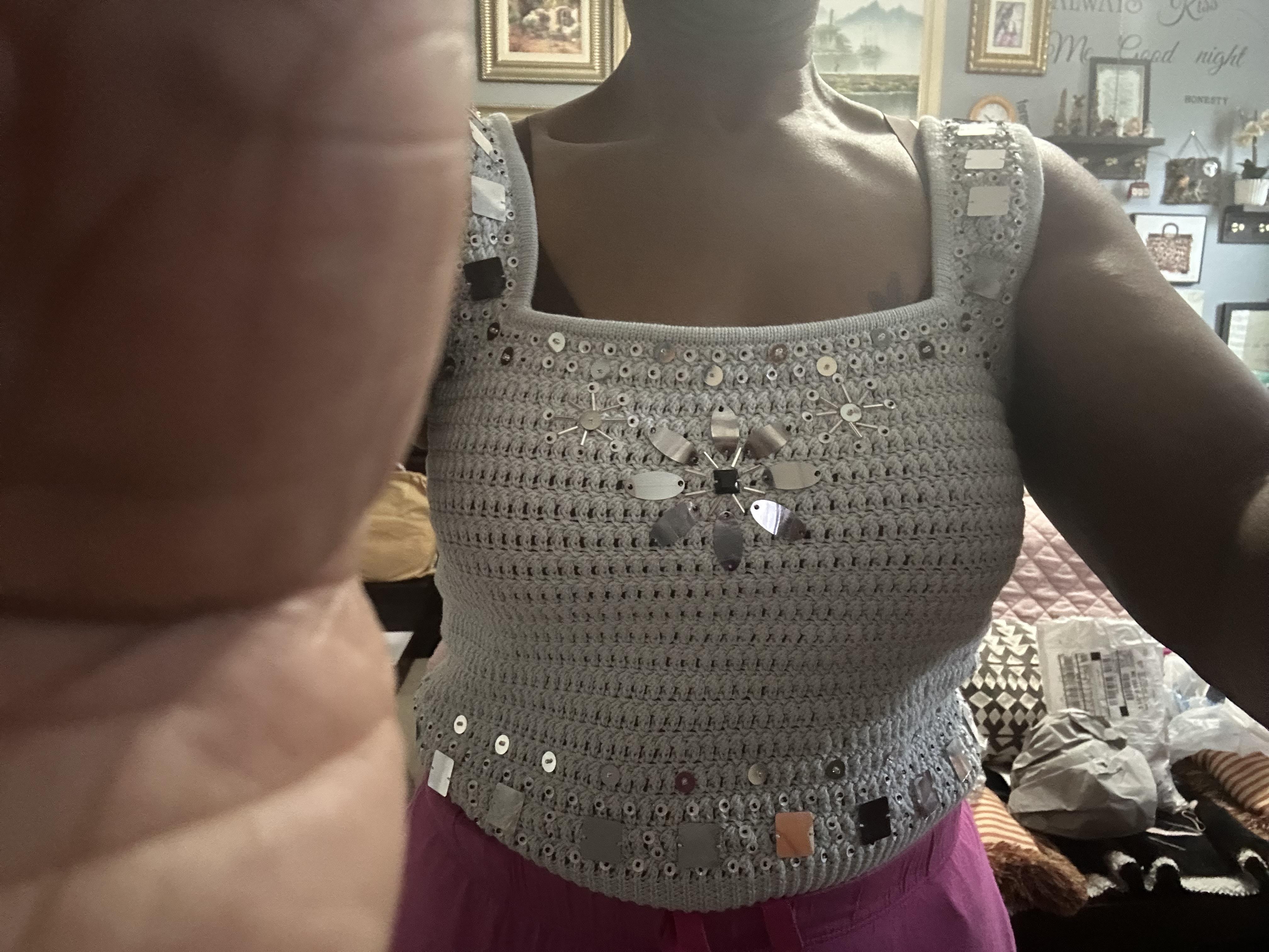 Sweater-tank with hand-embellished mirrors