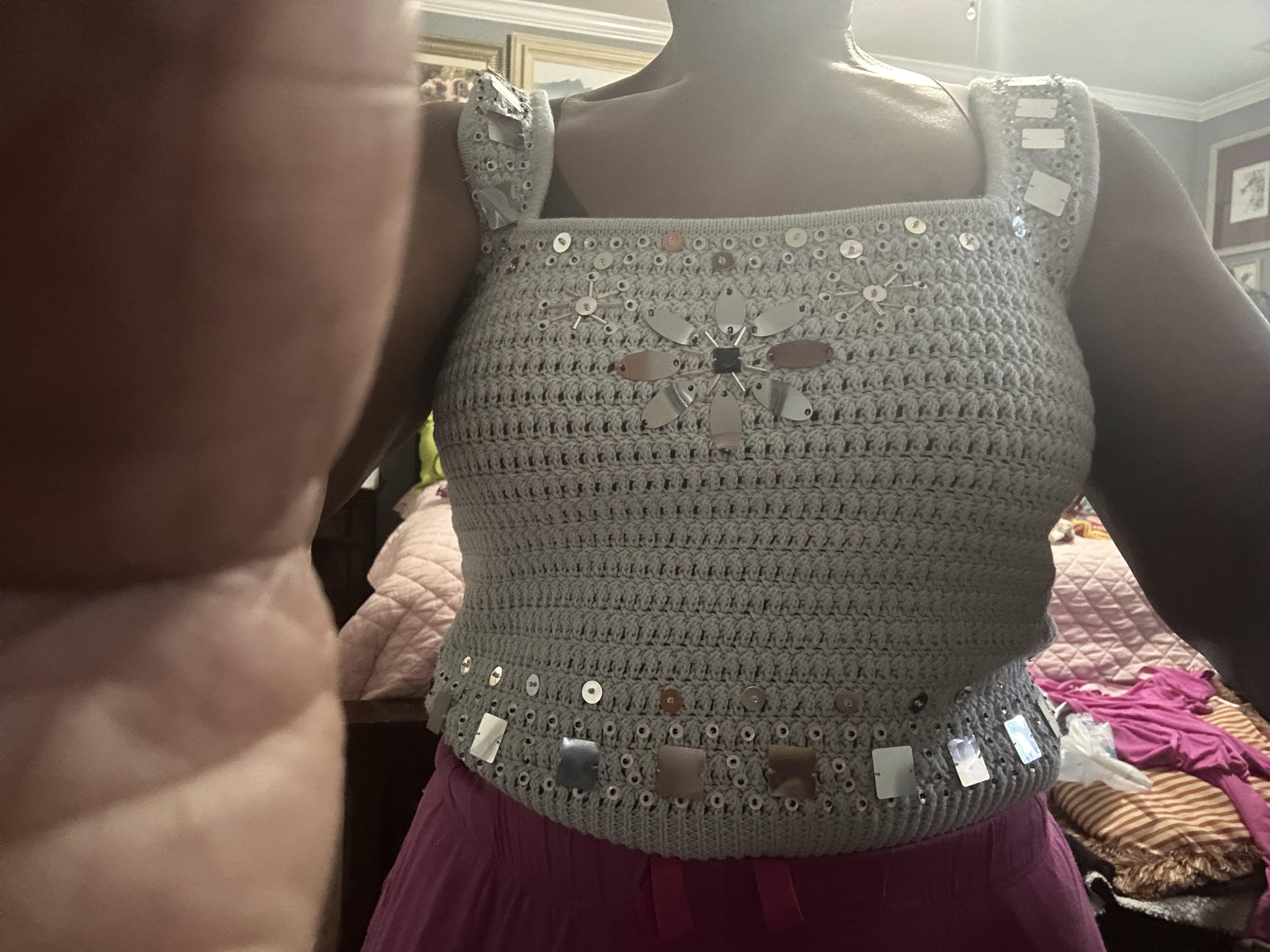 Sweater-tank with hand-embellished mirrors