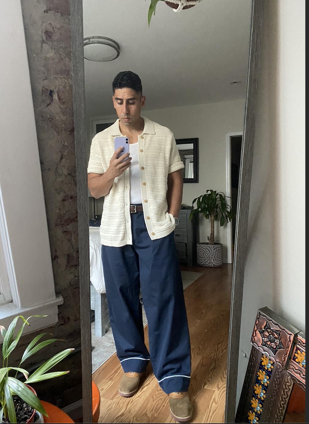 Saddle shoes in leather and English suede and Short sleeve cotton open stitch polo cardigan sweater