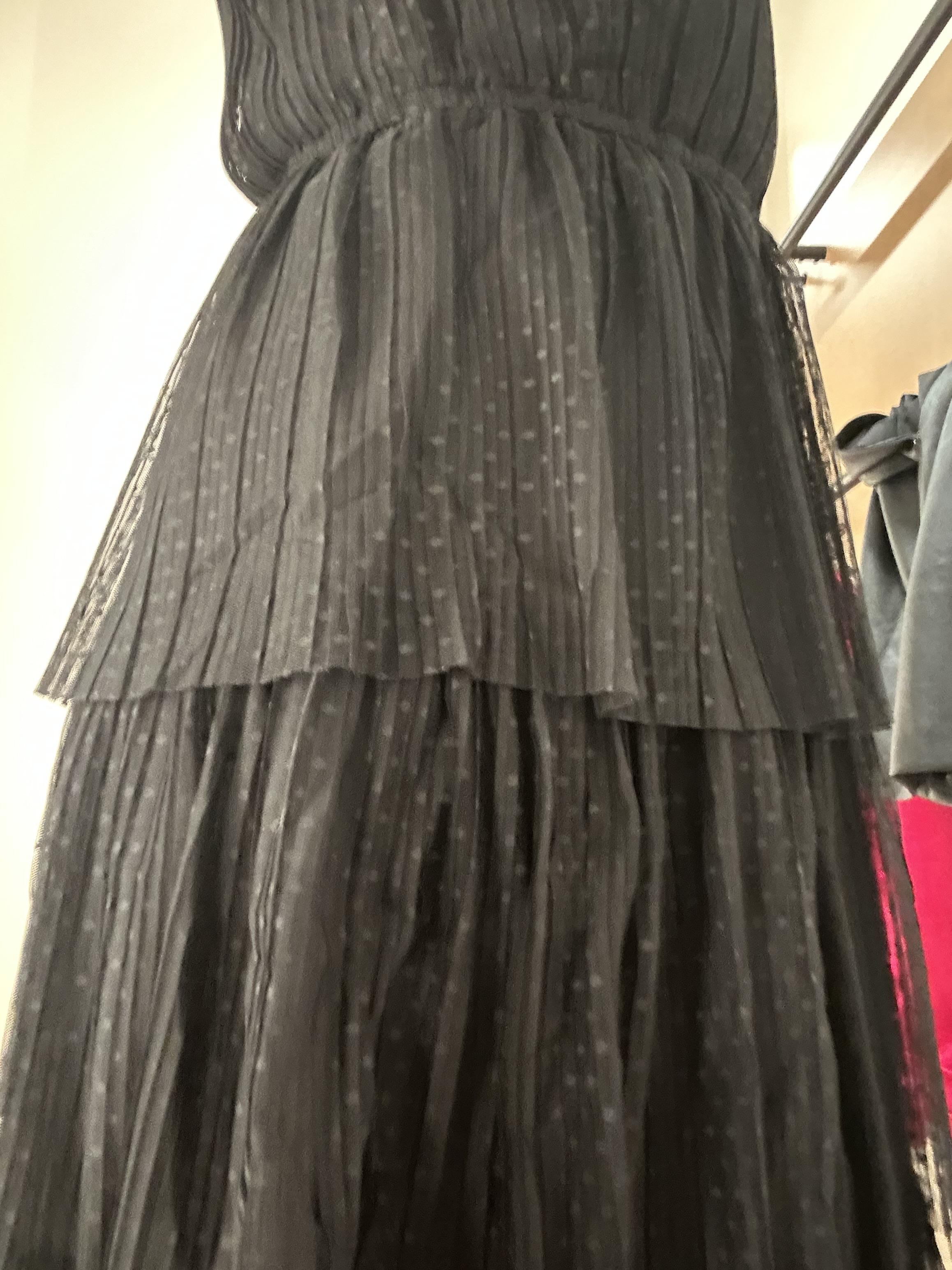 Factory: Pleated Flock-dot Puff-sleeve Dress For Women