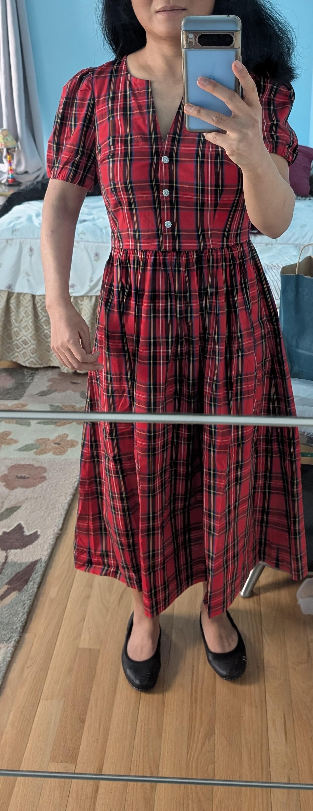 Factory: Stewart Tartan Puff-sleeve Midi Dress With Jeweled Factory: Stewart Tartan Puff-sleeve Midi Dress With Jeweled
