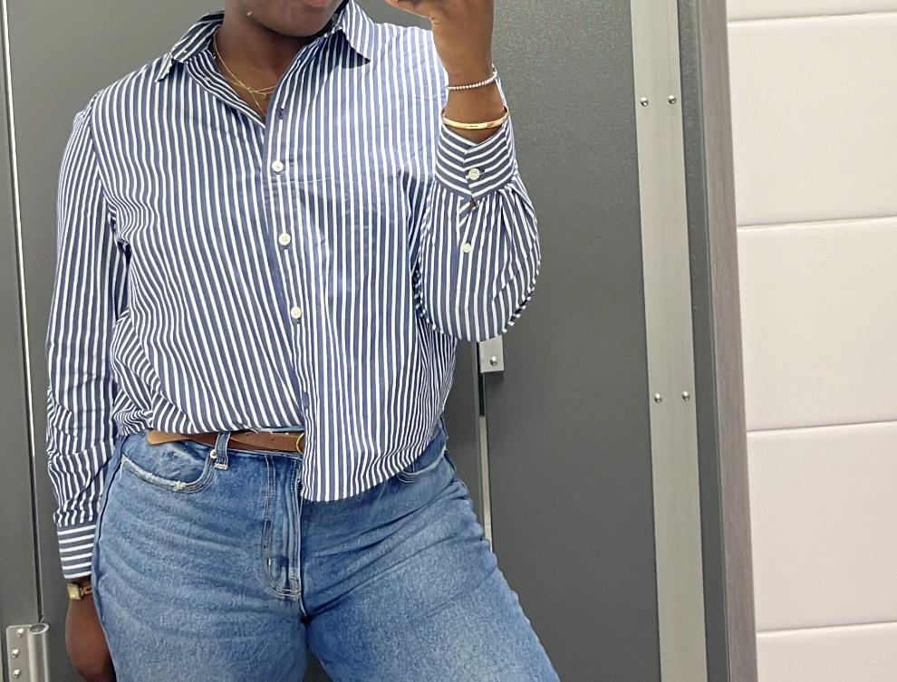 ◇marie claire ◇ Striped button pocket setup (MOEBSU04MBE) Striped Modern Button-up Shirt For Women | Factory