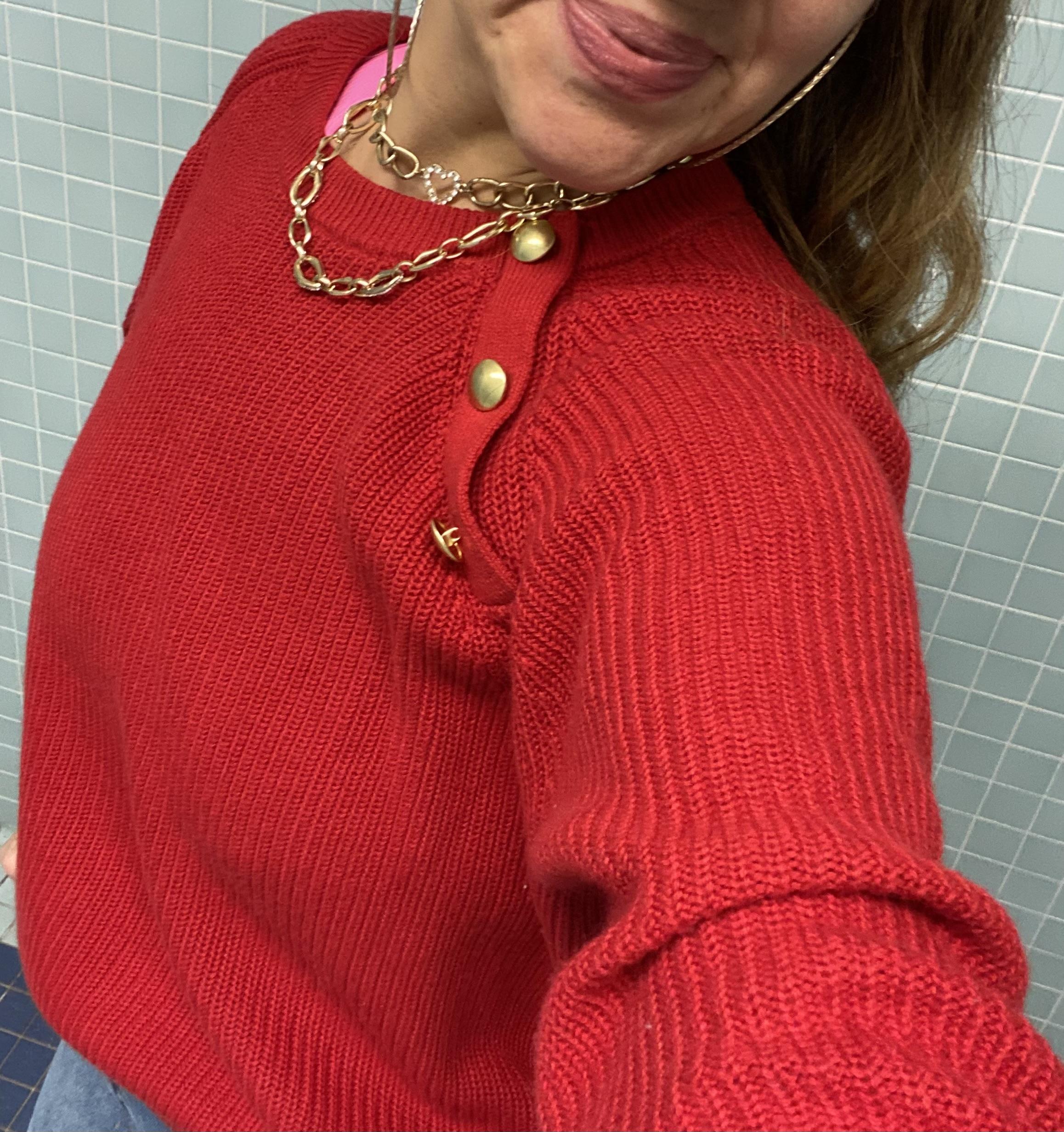 Button raglan crewneck sweater