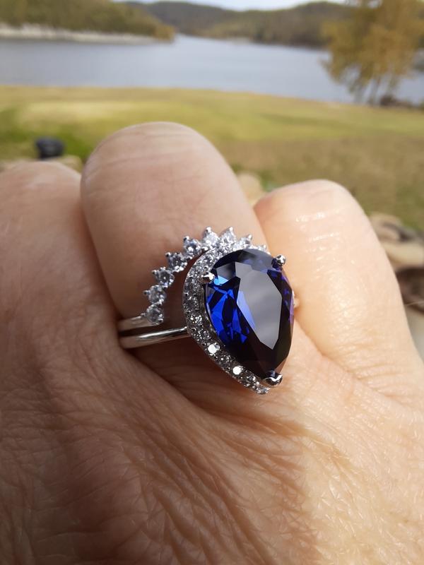 Lab Created Blue Sapphire and White Cubic Zirconia Rhodium Over 