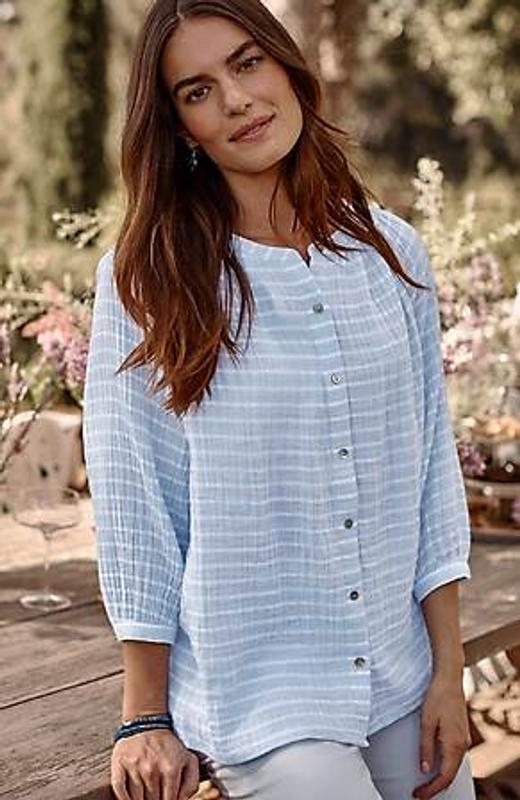 COTTON-GAUZE STRIPED BUTTON-FRONT TOP | JJill