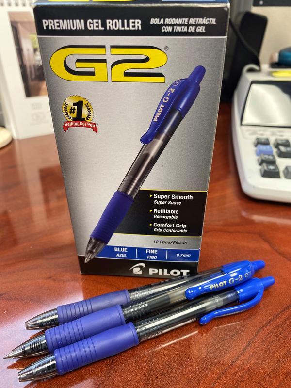 Pilot G-2 Retractable Gel Pens, Fine Point, 0.7 mm, Clear Barrels, Blue  Ink, Pack Of 12 Pens