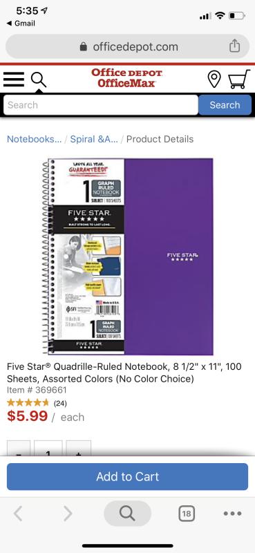 Five Star Spiral Notebook, 1 Subject, Graph Ruled Paper, 100 Sheets, 11 x  8-1/2, Color Selected For You (06190) 