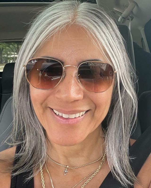 My silky soft silver hair treated with Oribe Silverati , Signature Masque and Silverati Pomade .
