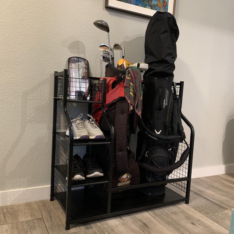 ProWorx Golf Equipment Organizer easily holds 2 sets of golf clubs and more.