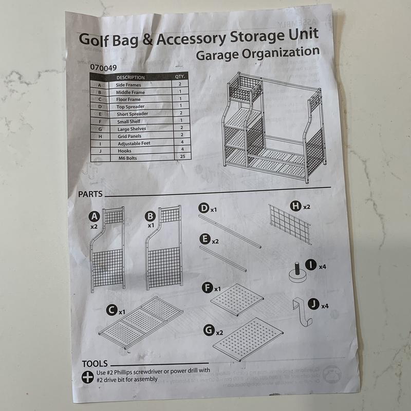 ProWorx Golf Bag & Accessory Storage Unit parts list.