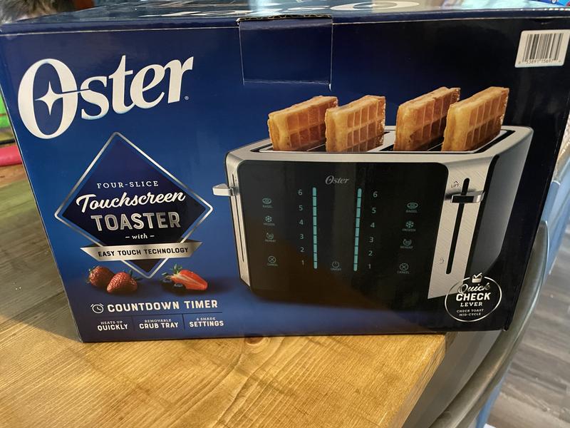 Oster 4-Slice Extra Wide Slot Pop Up Toaster with 9 Shade Settings,  Removable Crumb Tray, and Quick Check Lever, Teal w/ Chrome Accents 