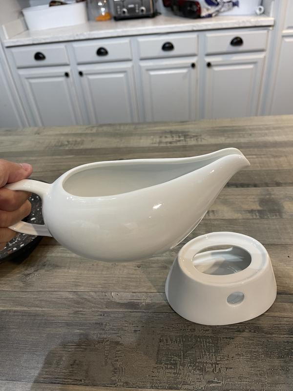 Over and Back 16.56 oz. White Ceramic Stoneware Gravy Boat and Warmer Stand (Set of 2)