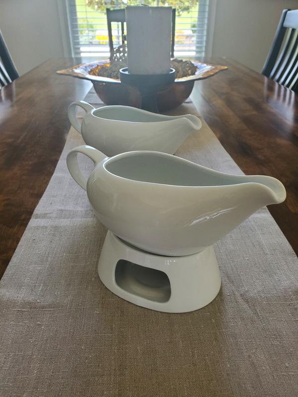 Over and Back Gravy Boat and Warmer Stand, Set of 2