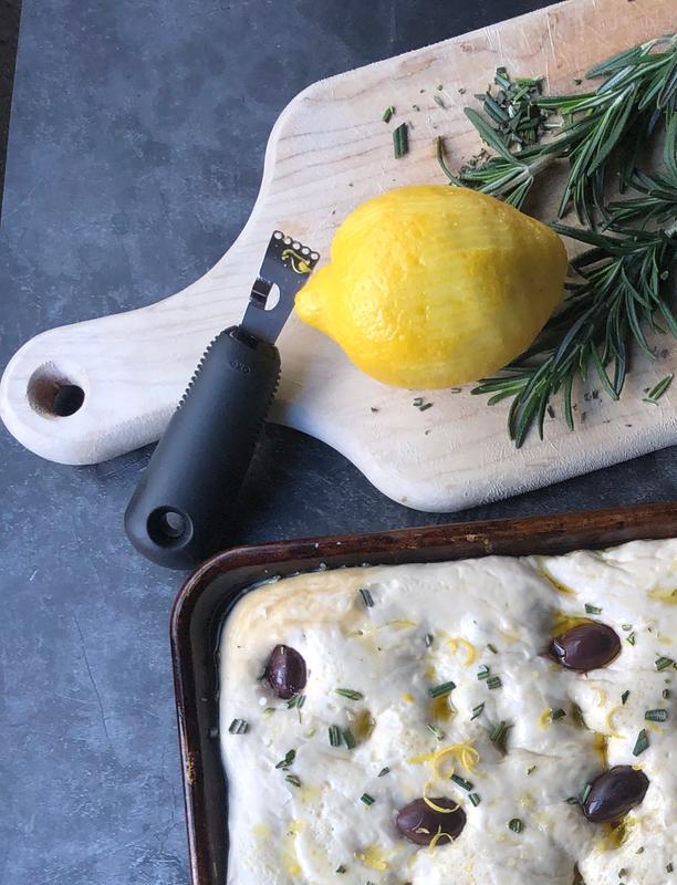 Focaccia with lemon zest, rosemary and olives.