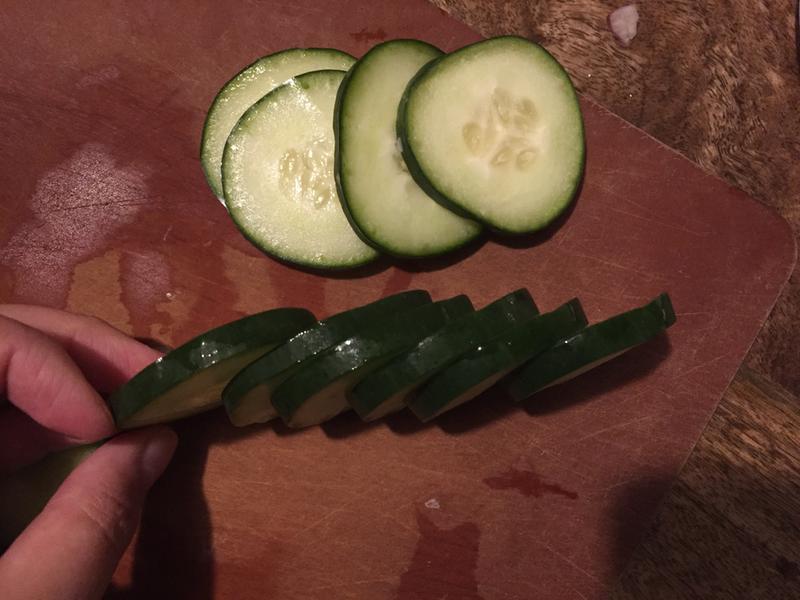 Evenly sliced cucumbers!