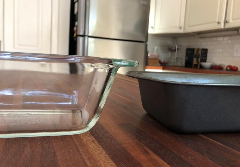 OXO glass pan on the left; traditional metal pan on the right. You can see that the OXO pan is a bit deeper than my traditional metal pan.