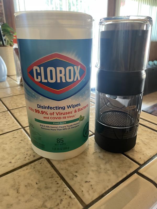 Next to a container of Clorox wipes for size comparison
