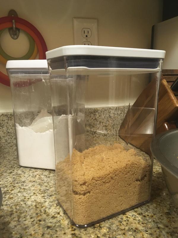 the pop container is great for brown sugar and matches older oxo containers (background) nicely