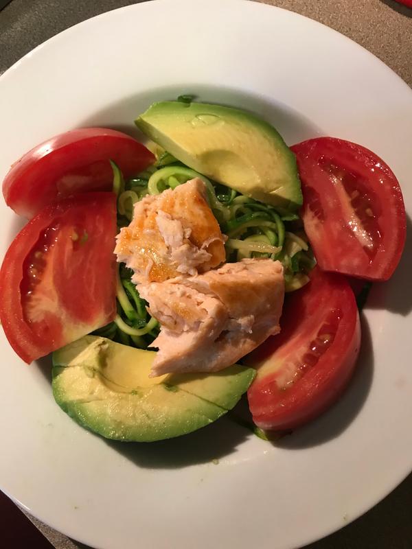 Zoodles (lightly sautéed) with tomato, avocado, and salmon - the final product