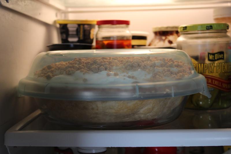 The pie plate and lid fit perfectly in the refrigerator.