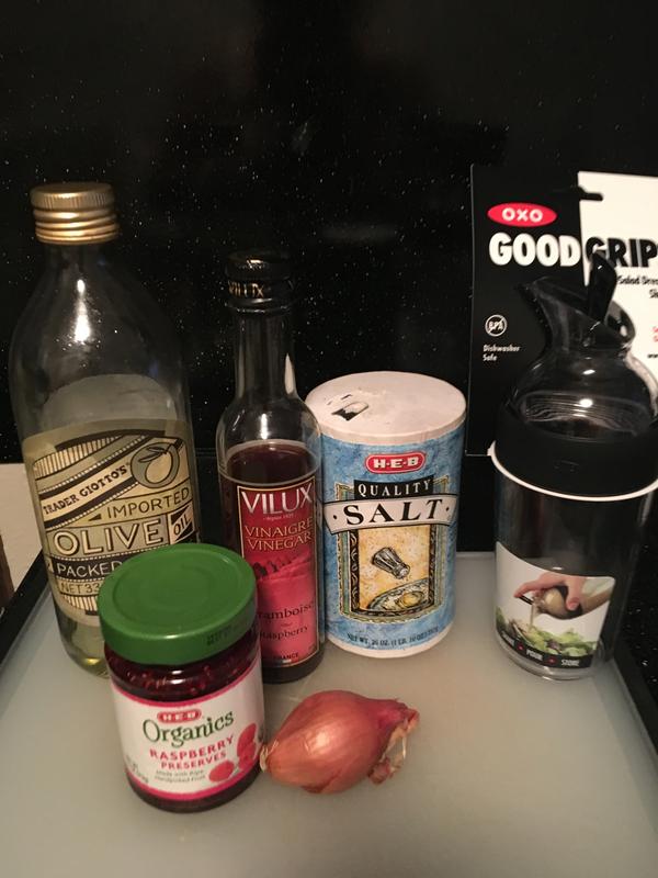 Getting my ingredients ready for a healthy Raspberry Vinaigrette Dressing.