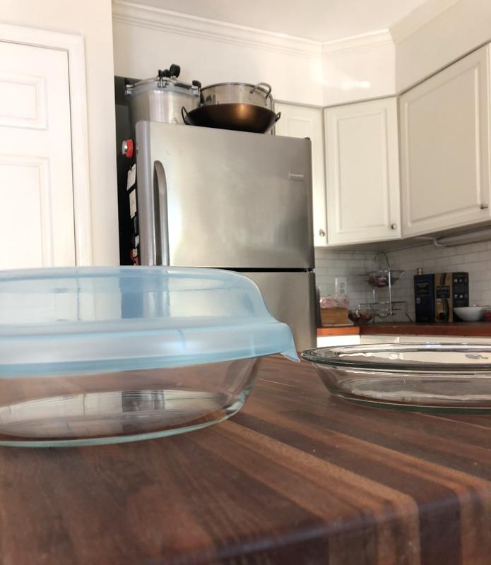 OXO pie dish and tall lid compared to a traditional pie dish