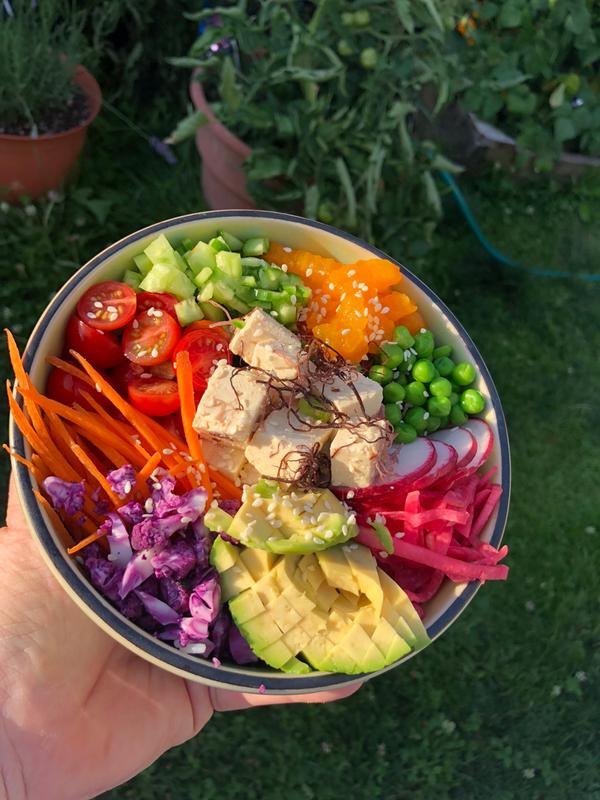 Tofu Pokè salad with beautiful shredded and sliced veggies!