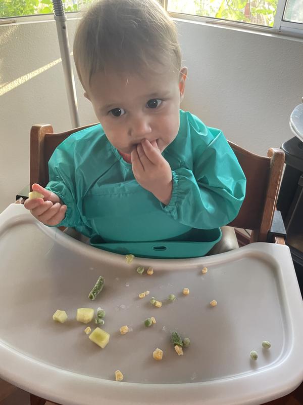 13 month old (22lb) wearing sleeved biib