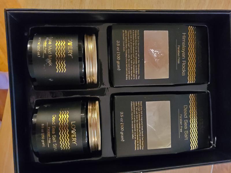 Dead sea salt, Himalayan salt, mud mask, and scrub.