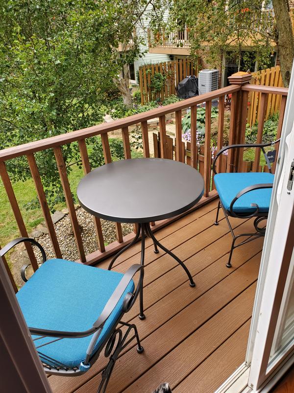 Style Selections Weddington 3 Piece Brown Bistro Patio Dining Set Steel Round Table with 2 Blue Cushions Spring Motion Chairs at Lowes