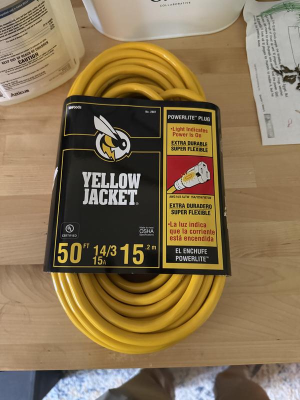 Yellow Jacket 2991 50-Foot 10/3 Extension Cord – Lighted T-Blade Ends, 20-Amp, OSHA Compliant, UL Listed, For Job Sites & Generators