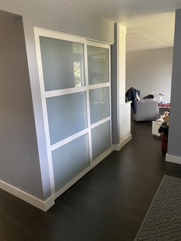 ReliaBilt 9700 Series Northwood 72-in x 80-in Black Frosted Glass Prefinished Pine Wood Sliding Door (Hardware Included) ReliaBilt 9700 Series Northwood 72-in x 80-in Black Frosted Glass Prefinished Pine Wood Sliding Door (Hardware Included)