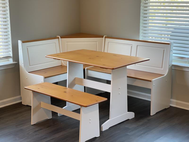 Linon Ardmore Wood Corner Dining Breakfast Nook with Table and Storage,  Seats 5-6, White and Natural Finish 