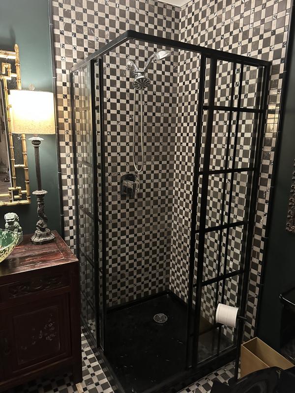 DreamLine DL-6790-09 French Corner 42 D x 42 W x 74 3/4 H Framed Sliding Shower Enclosure in Satin Black and Black Acrylic Base